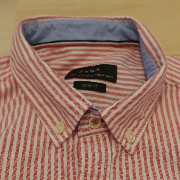 Zara Men M Shirt 100% Cotton Long Sleeve Slim Fit Button Down Striped Red White - Picture 4 of 7